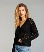 Black floral open-knit V-neck cardigan with button-up front