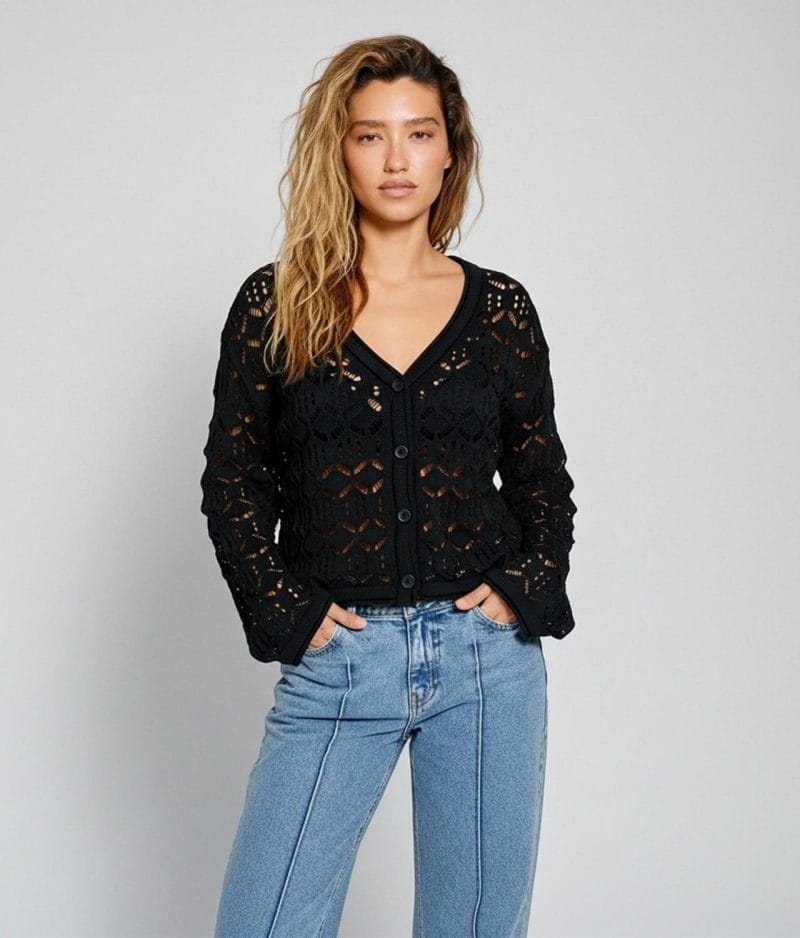 Women’s black floral open-knit V-neck cardigan front view