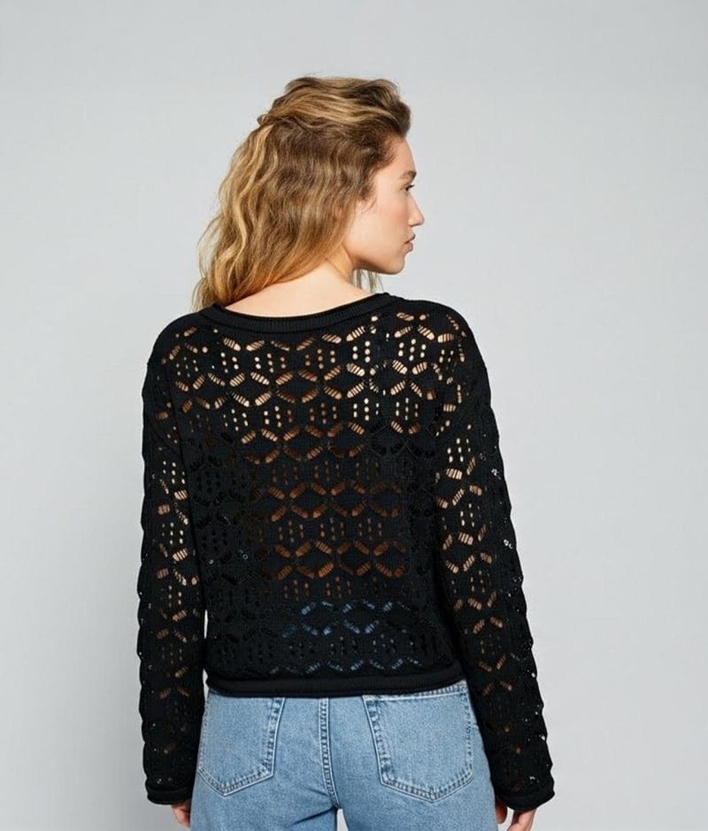 Black floral open-knit cardigan for wholesale women’s knitwear collections