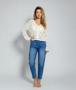 Women’s off white floral open-knit V-neck cardigan front view