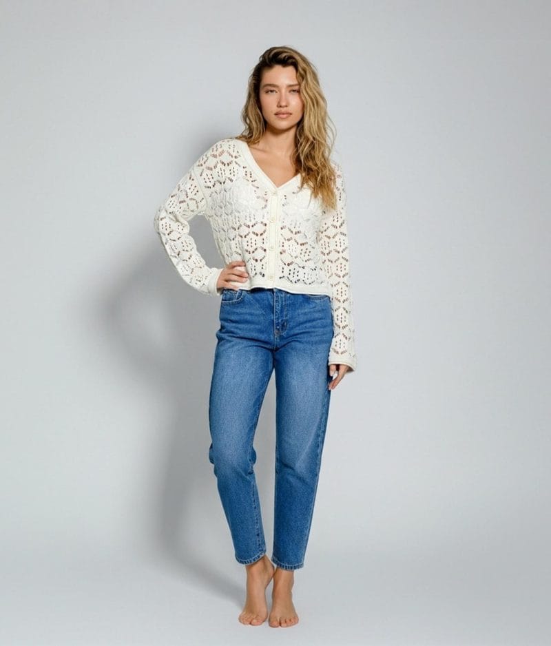 Women’s off white floral open-knit V-neck cardigan front view