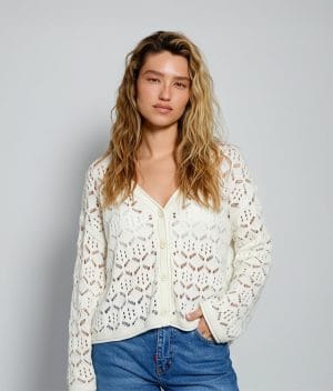 Off white open-knit cardigan with floral knit pattern