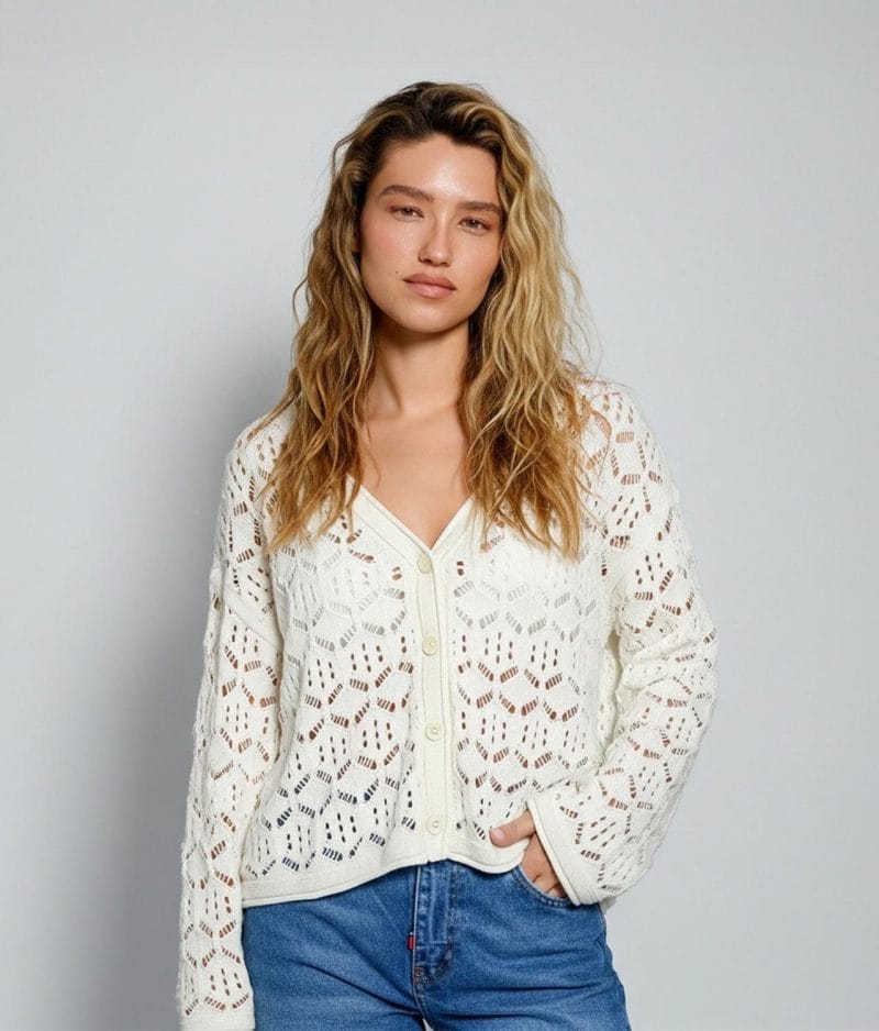 Off white open-knit cardigan with floral knit pattern