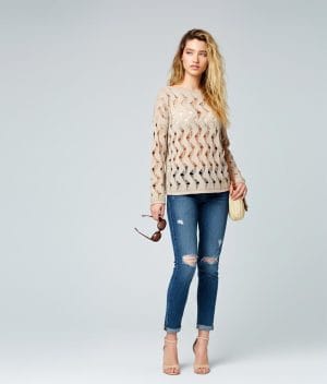 Beige wave pattern open knit sweater with lightweight texture