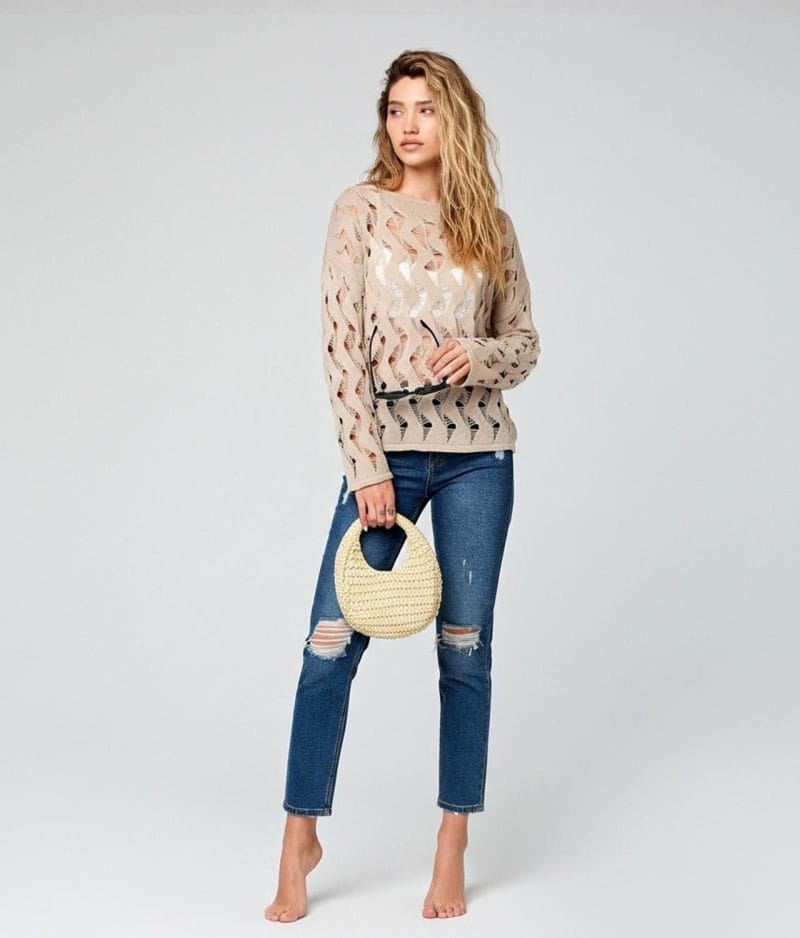 Wave pattern open knit sweater with long sleeves