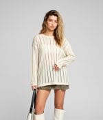 Beige sheer knit sweater with vertical stripe texture