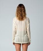 Lightweight beige vertical stripe sheer knit sweater