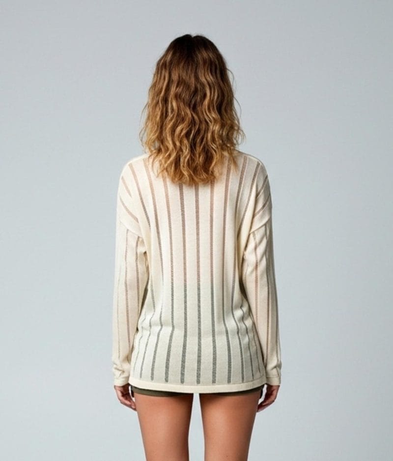 Lightweight beige vertical stripe sheer knit sweater