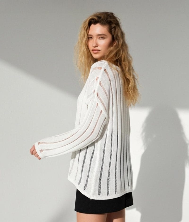 Women’s white vertical stripe sheer knit sweater front view