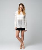 White sheer knit sweater with vertical stripe detail