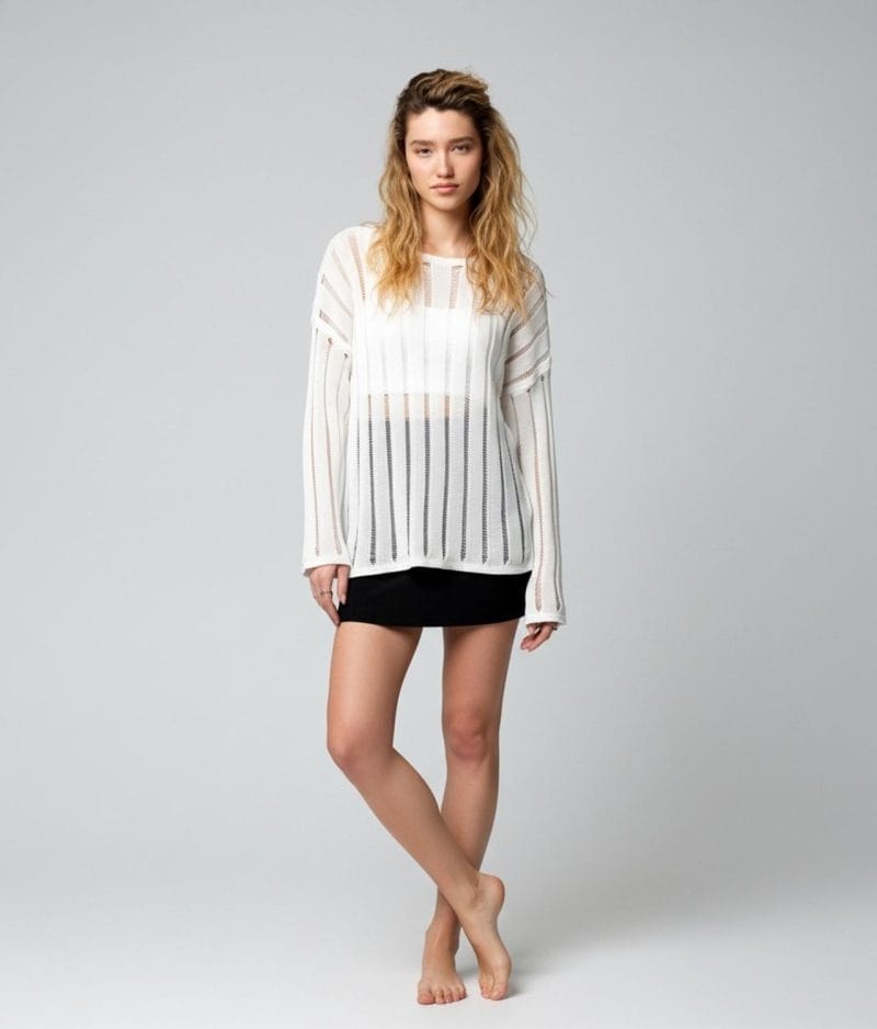 White sheer knit sweater with vertical stripe detail