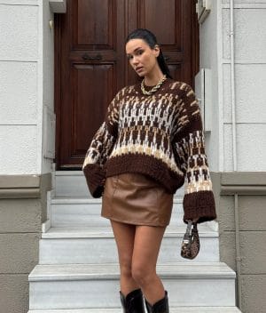 Patterned crew neck knit sweater with textured knit design