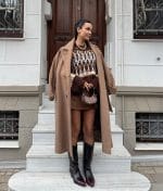 7221-Patterned Crew Neck Knit Sweater-Brown-4 Cozy patterned knit sweater styled with mini skirt