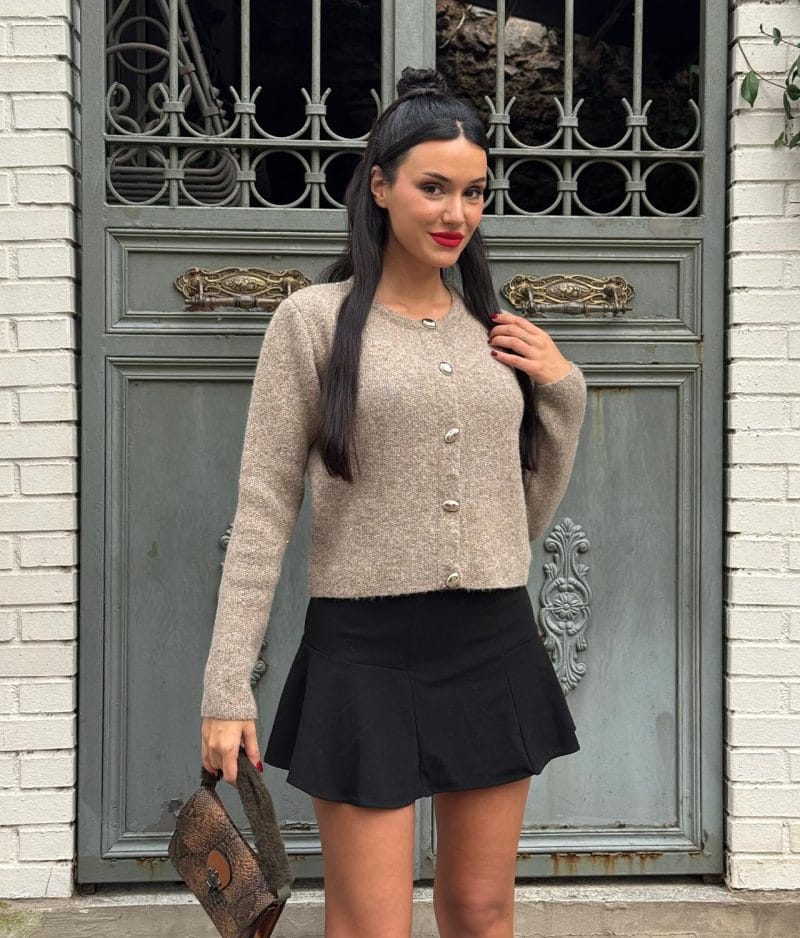 Minimal classic knit cardigan styled with skirt