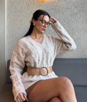 75197-Cable Knit V Neck Sweater