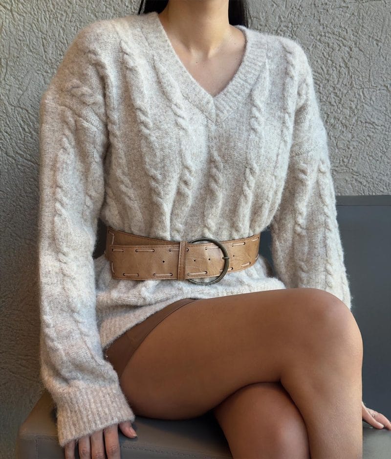Women’s cable knit V neck sweater front view