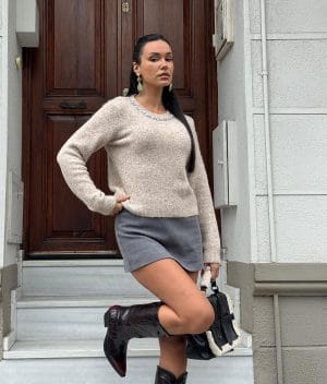 Crystal trim knit sweater in soft beige color with embellished neckline