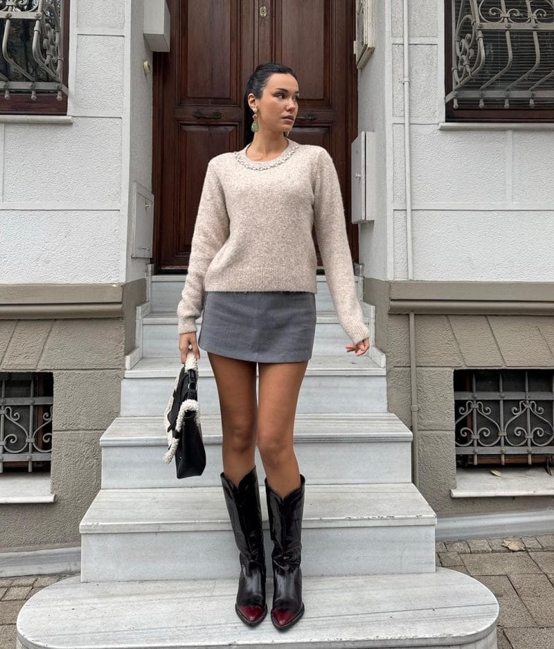 Beige crystal trim women’s knit sweater front view