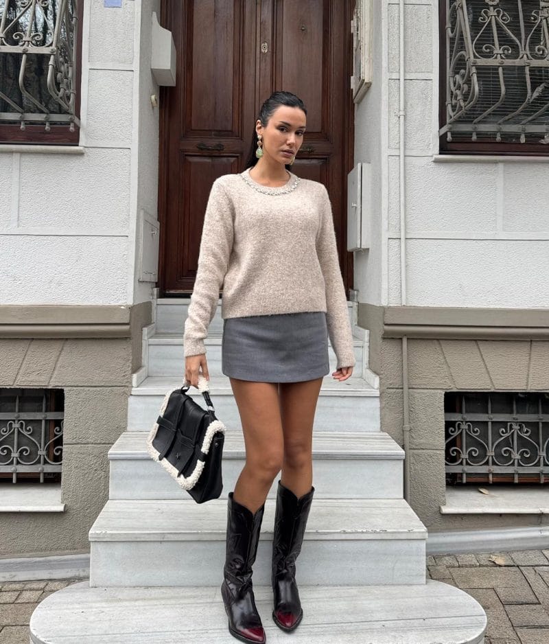 Women’s beige embellished knit sweater for wholesale collections