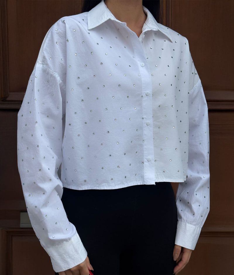 Crystal studded cotton shirt elegant design close-up