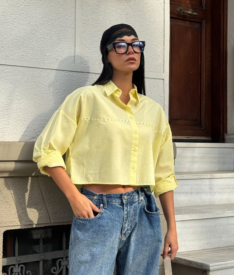 Embellished Cropped Cotton Shirt front view