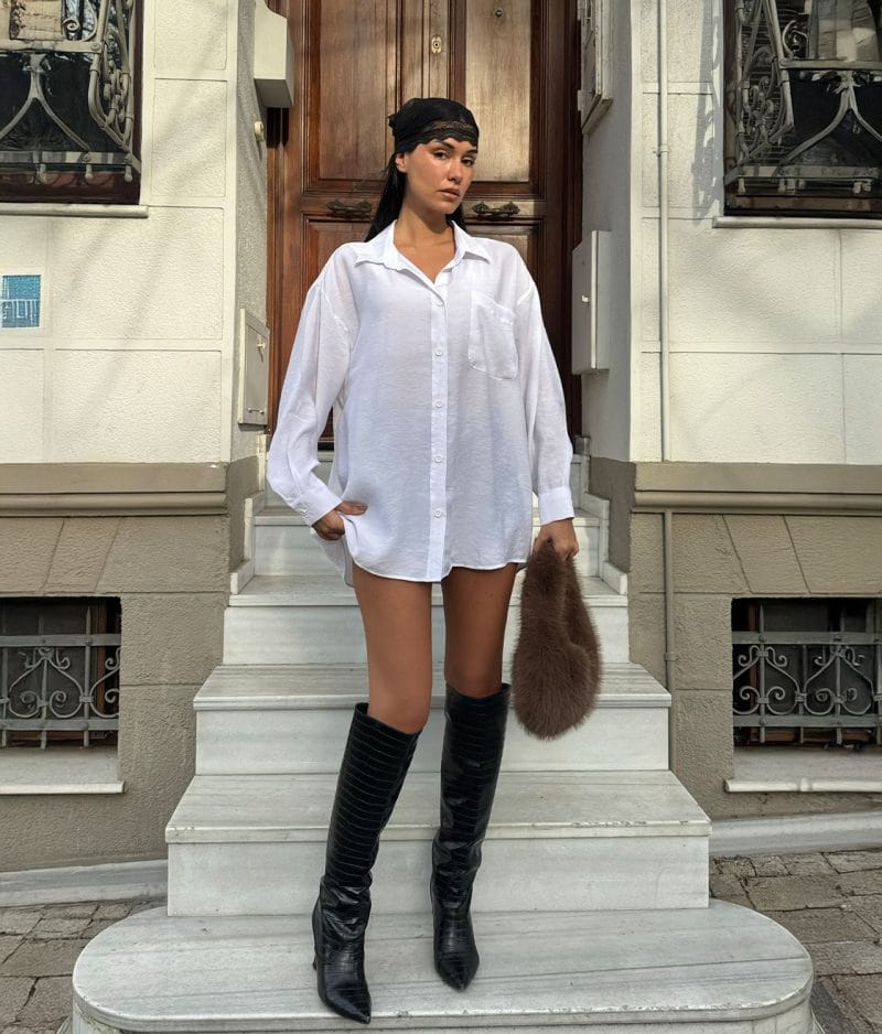 Relaxed Fit Shirt Dress button-down front view on model