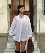 Button-down shirt dress styling with waist belt detail