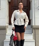 1159-Tie-Waist Collared Blouse-Off White-3 Off white tie waist blouse wholesale