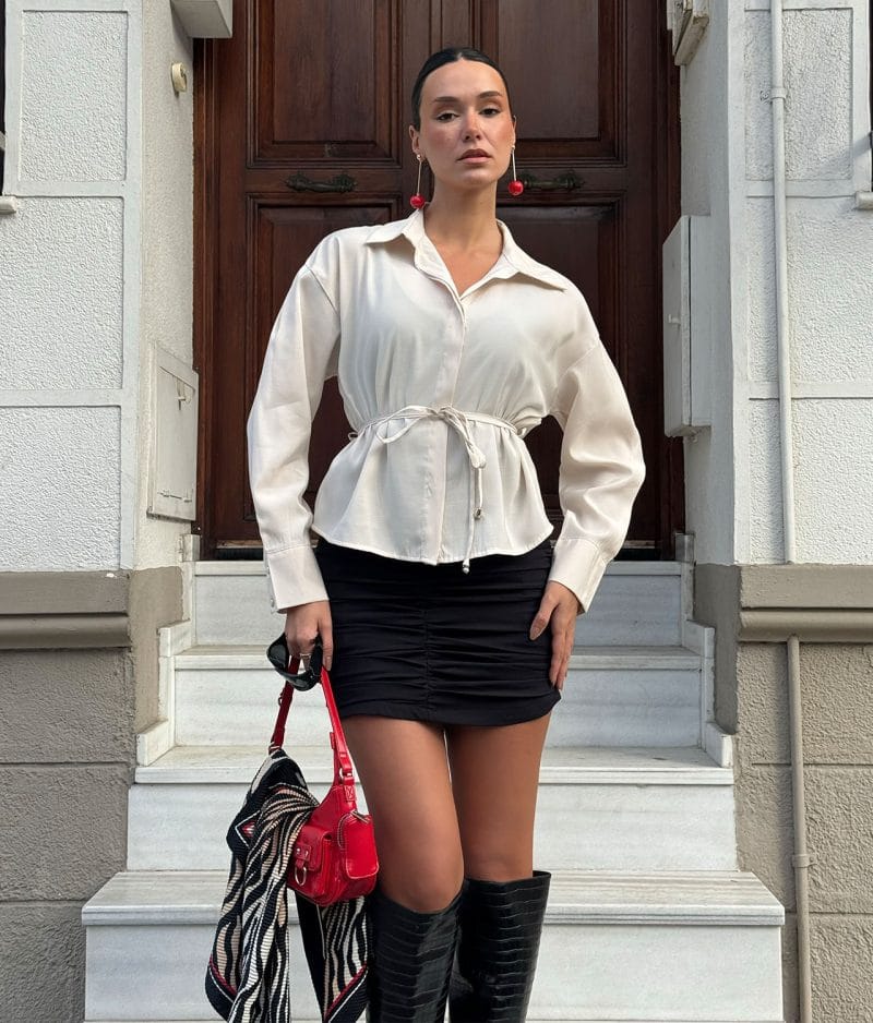 Off white tie waist blouse wholesale