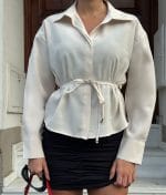 1159-Tie-Waist Collared Blouse-Off White-5 Structured collar tie waist top
