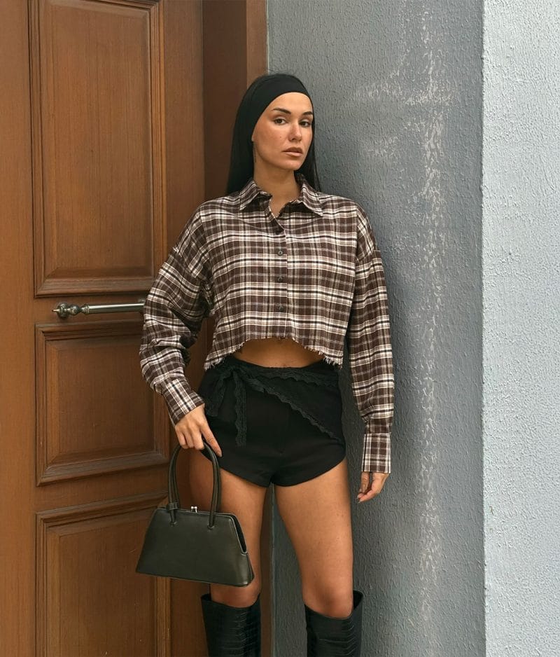 Cropped plaid shirt front view with button-down detail