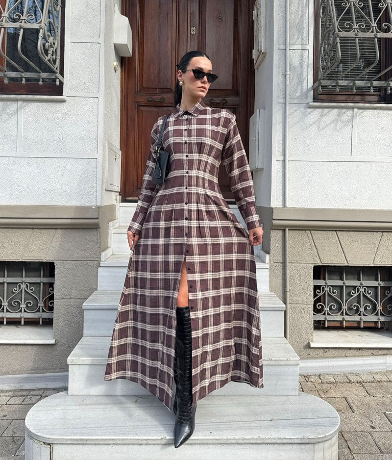 Plaid Shirt Dress ankle length front view