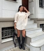 1168-Relaxed Fit Longline Shirt Dress-Cream-4 Minimalist longline shirt dress boutique