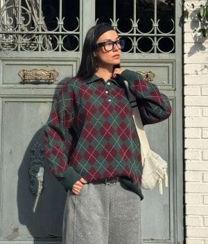 Argyle Polo Knit Sweater front view diamond pattern