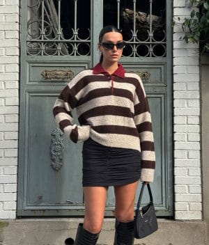 Striped Polo Knit Sweater front view women knitwear