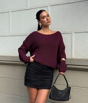 Boat Neck Knit Sweater with batwing sleeves front view