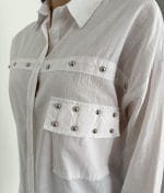 breathable linen bead detail shirt close up