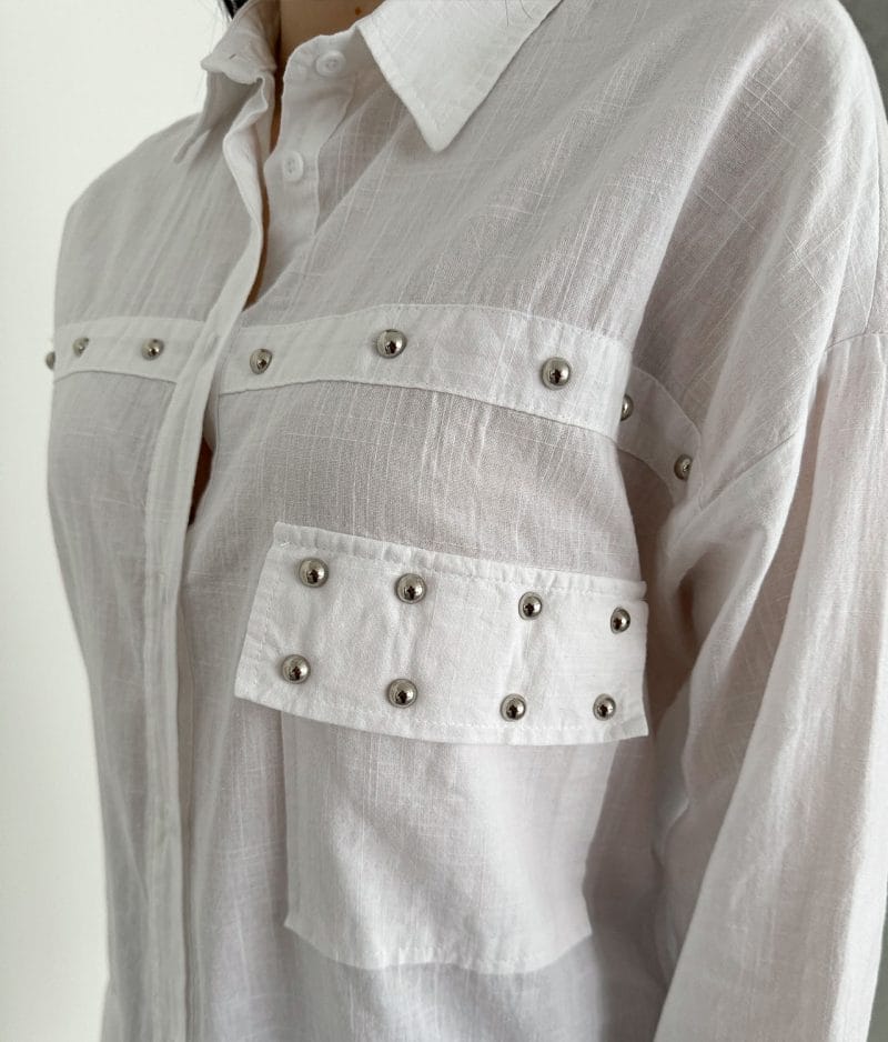 breathable linen bead detail shirt close up