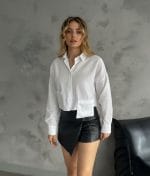 cropped linen button down shirt front view patch pockets
