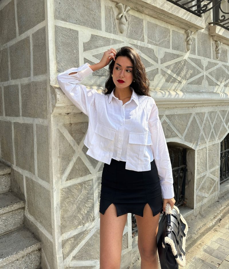 linen button up shirt front view with front pockets