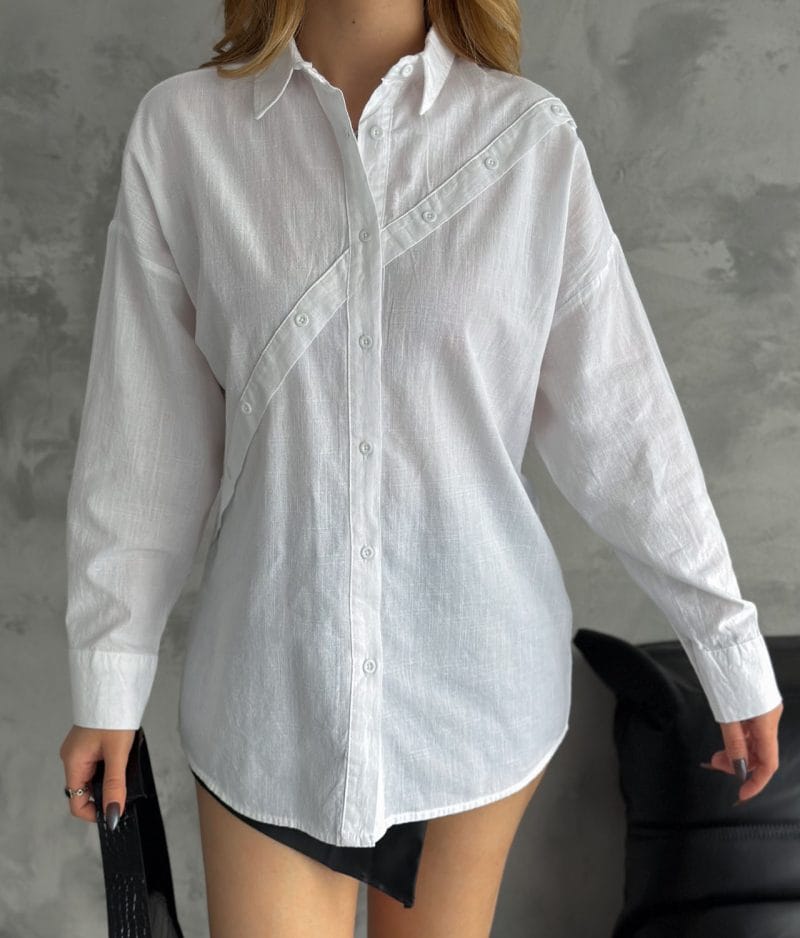 women linen shirt diagonal button casual look