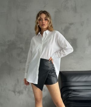 diagonal button detail linen shirt front view design