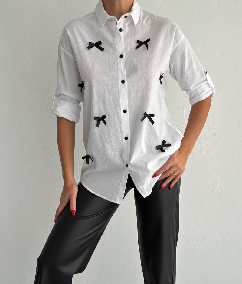 breathable cotton button up shirt bow accent