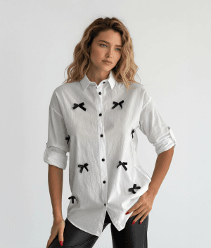 bow detail button up cotton shirt front view design