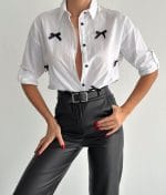 bow detail button up cropped cotton shirt front view