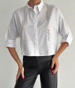 crystal vine detail button up cropped cotton shirt front view