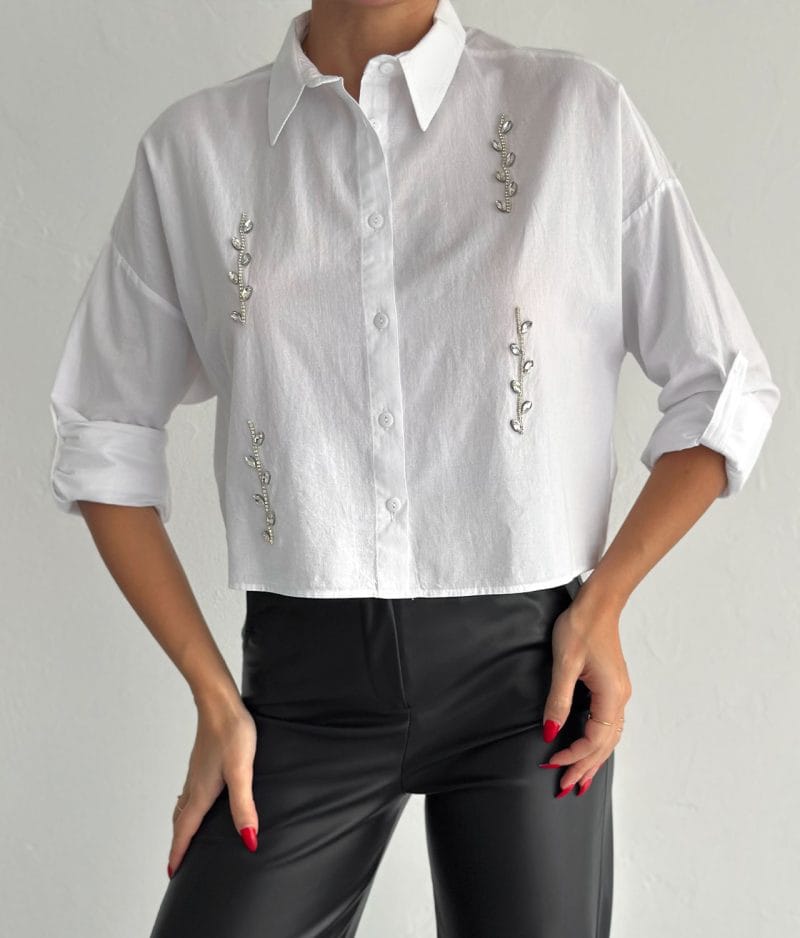crystal vine detail button up cropped cotton shirt front view