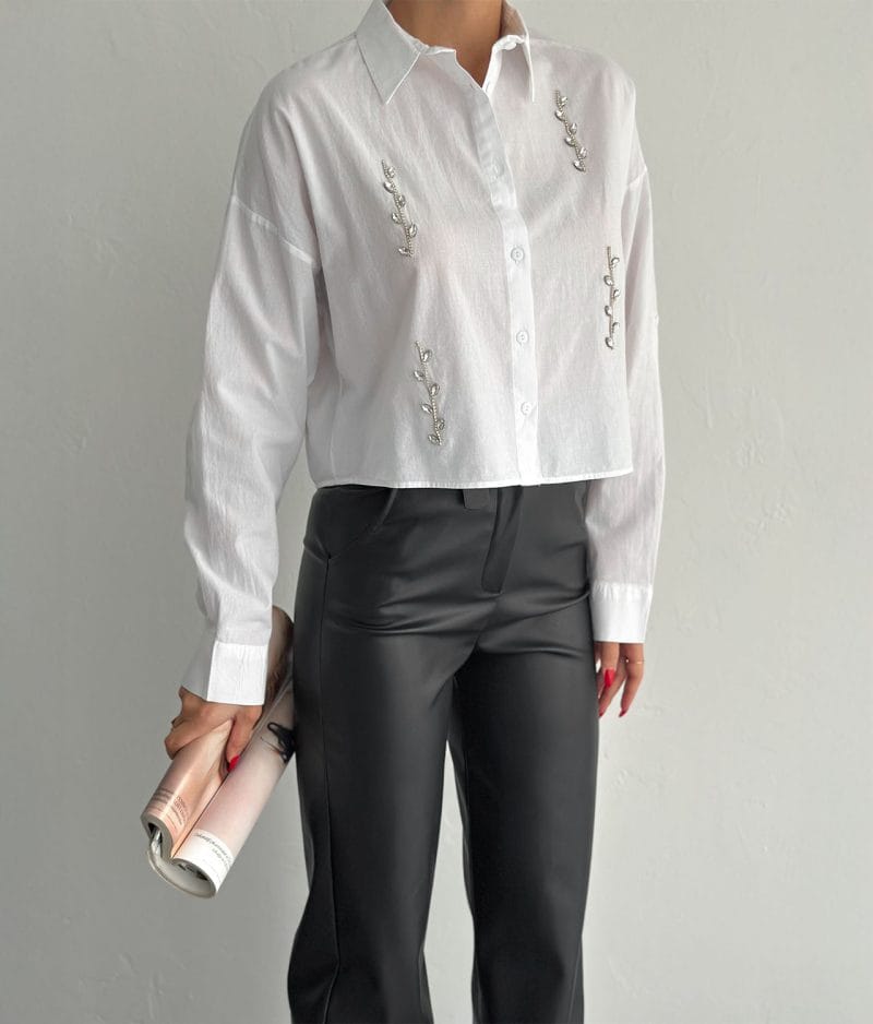 cropped cotton shirt with crystal vine embellishment