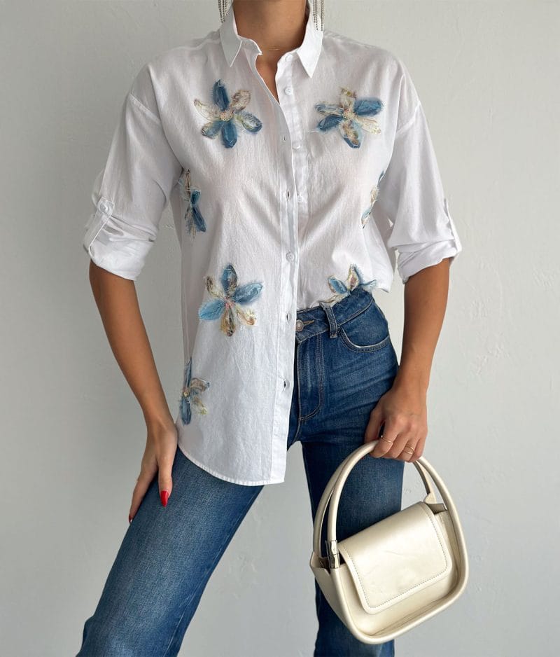 cotton shirt with 3D floral appliqué design