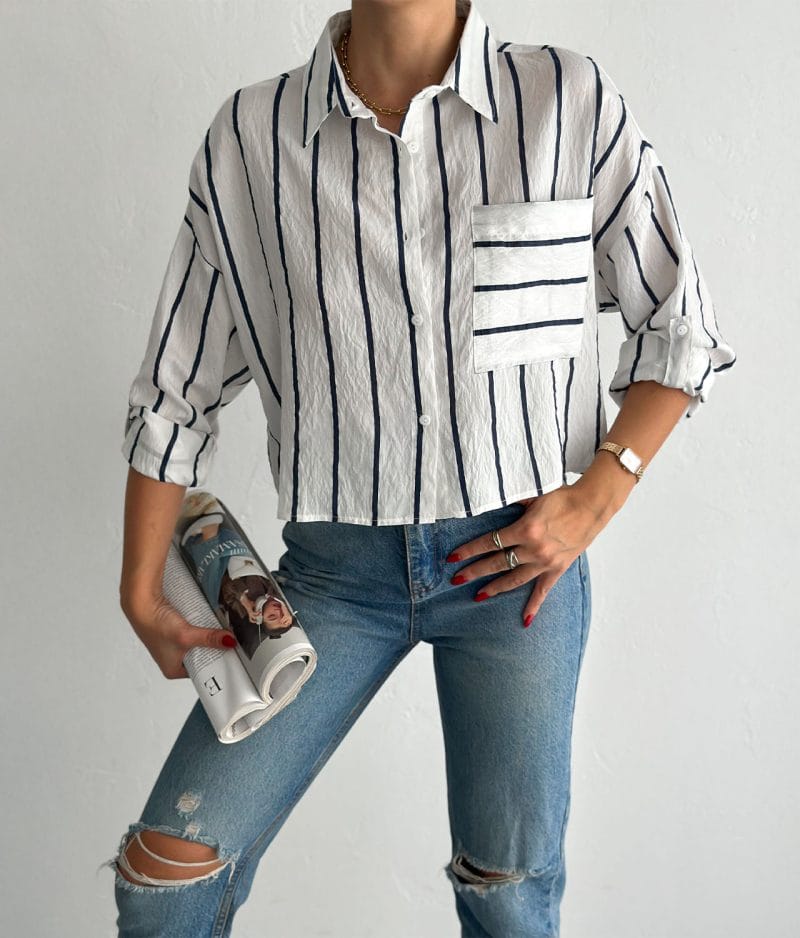 breathable cotton crop shirt striped pocket detail